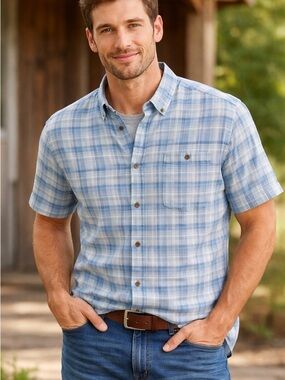 Red Head Men's Short-Sleeve Blue Plaid Button-Down Shirt sz XL